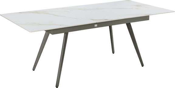 Lucia Extendable Stone Top Metal Leg Dining Table in Polished Cappuccino and Gunmetal