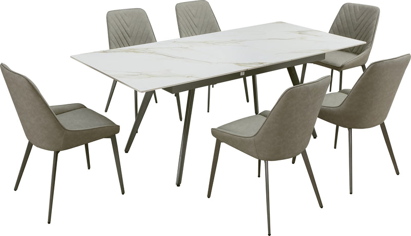 Lucia Extendable Stone Top Metal Leg Dining Table in Polished Cappuccino and Gunmetal