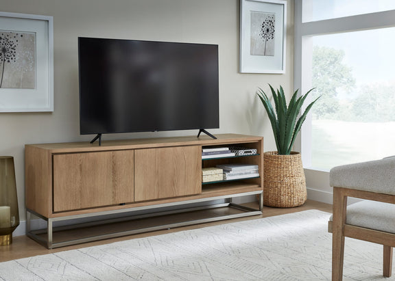 One Coastal Modern 74 inch TV Console in Brushed Stainless Steel and Bisque