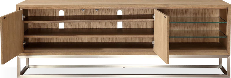 One Coastal Modern 74 inch TV Console in Brushed Stainless Steel and Bisque