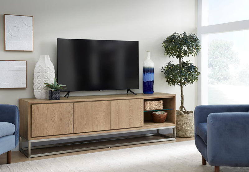 One Coastal Modern 84 inch TV Console in Brushed Stainless Steel and Bisque