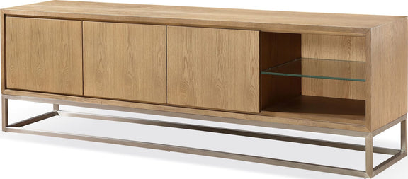 One Coastal Modern 84 inch TV Console in Brushed Stainless Steel and Bisque
