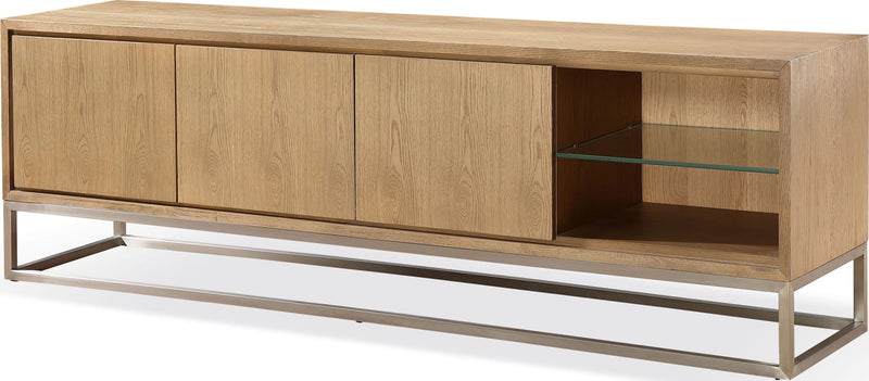One Coastal Modern 84 inch TV Console in Brushed Stainless Steel and Bisque