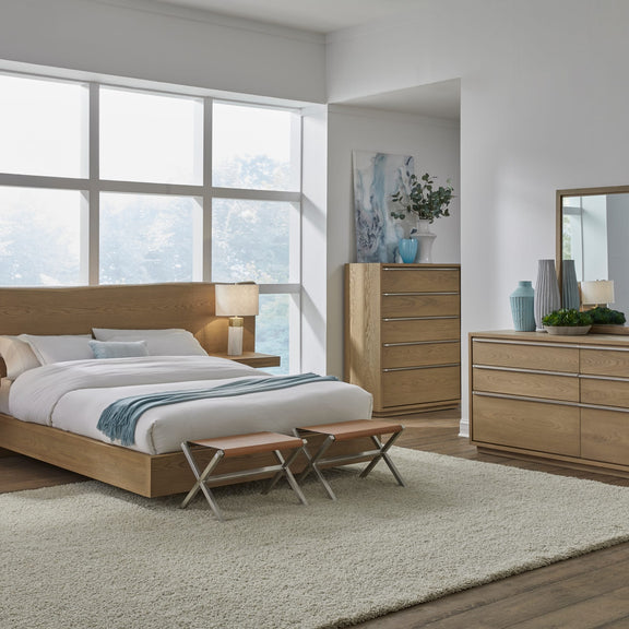 One Coastal Modern King-size Live Edge Wall Bed with Floating Nightstands in Bisque