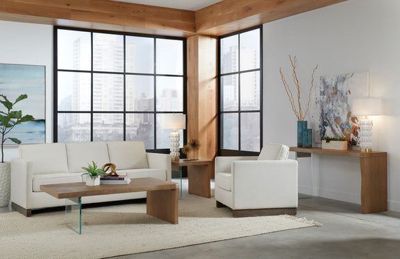 One Live-Edge White Oak and Glass Coffee Table in Bisque