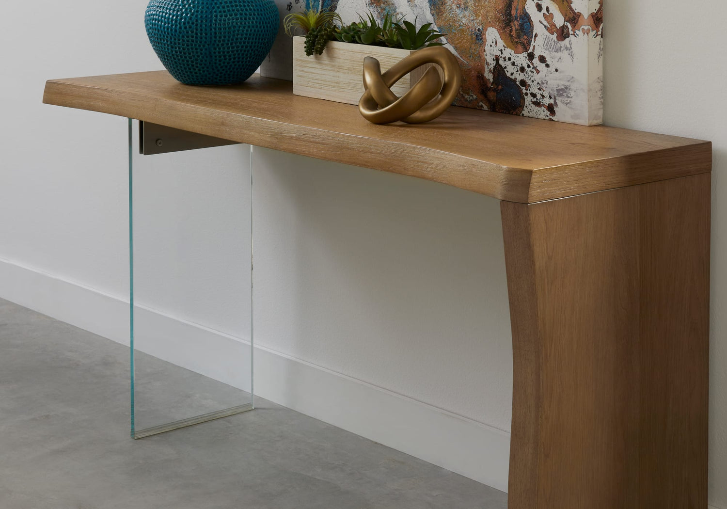 One Live-Edge White Oak and Glass Console Table in Bisque