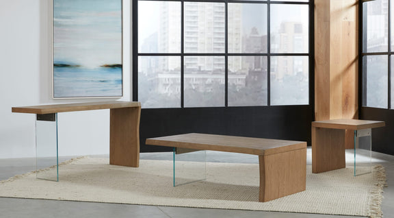 One Live-Edge White Oak and Glass Console Table in Bisque