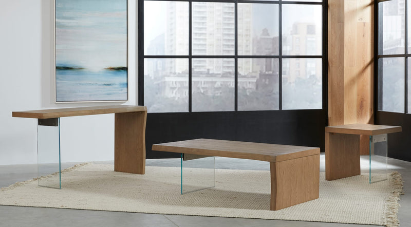 One Live-Edge White Oak and Glass Console Table in Bisque