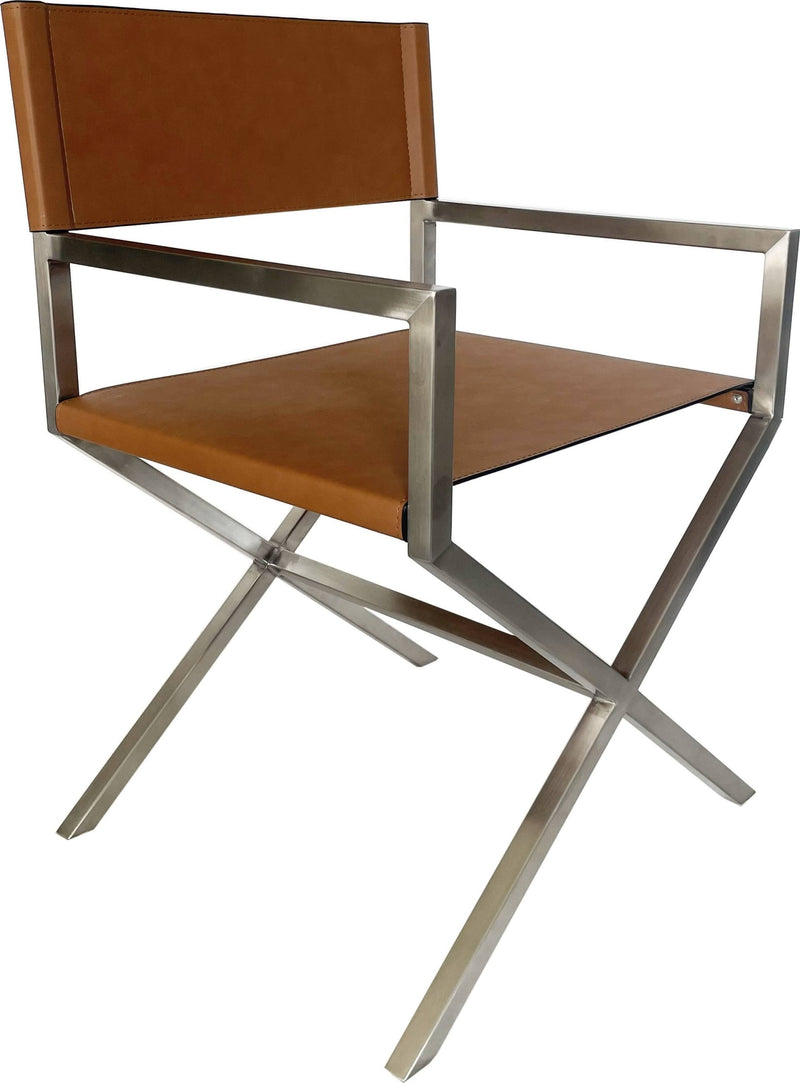 One Modern Coastal Director's Dining Arm Chair in Cognac and Brushed Stainless Steel