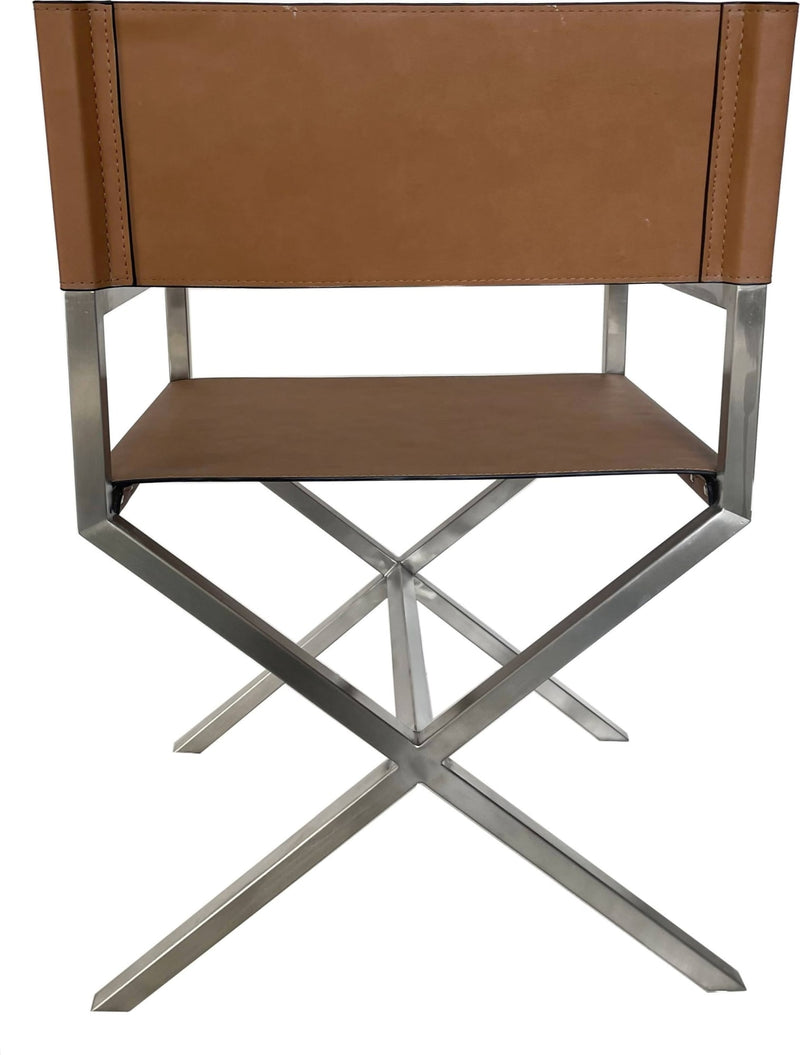 One Modern Coastal Director's Dining Arm Chair in Cognac and Brushed Stainless Steel