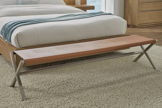 One Modern Coastal Director's Style Leather Dining Bench in Cognac and Brushed Stainless Steel