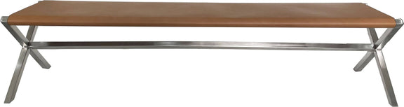One Modern Coastal Director's Style Leather Dining Bench in Cognac and Brushed Stainless Steel