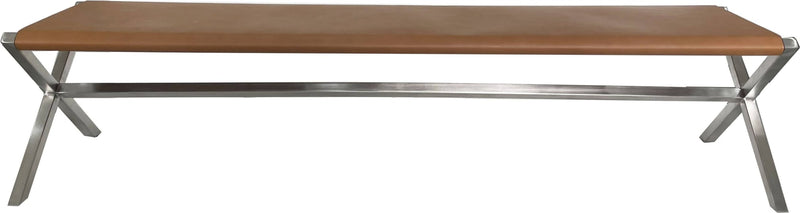 One Modern Coastal Director's Style Leather Dining Bench in Cognac and Brushed Stainless Steel