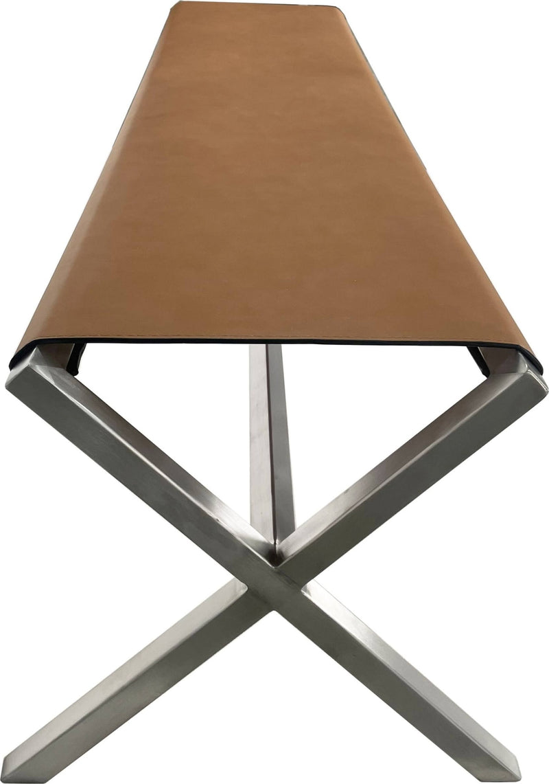 One Modern Coastal Director's Style Leather Dining Bench in Cognac and Brushed Stainless Steel