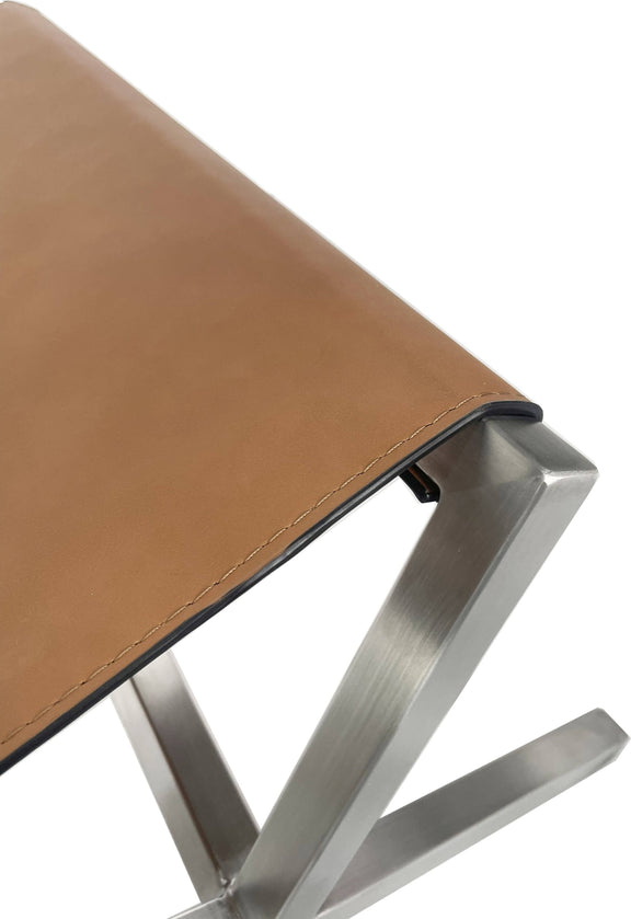One Modern Coastal Director's Style Leather Dining Bench in Cognac and Brushed Stainless Steel