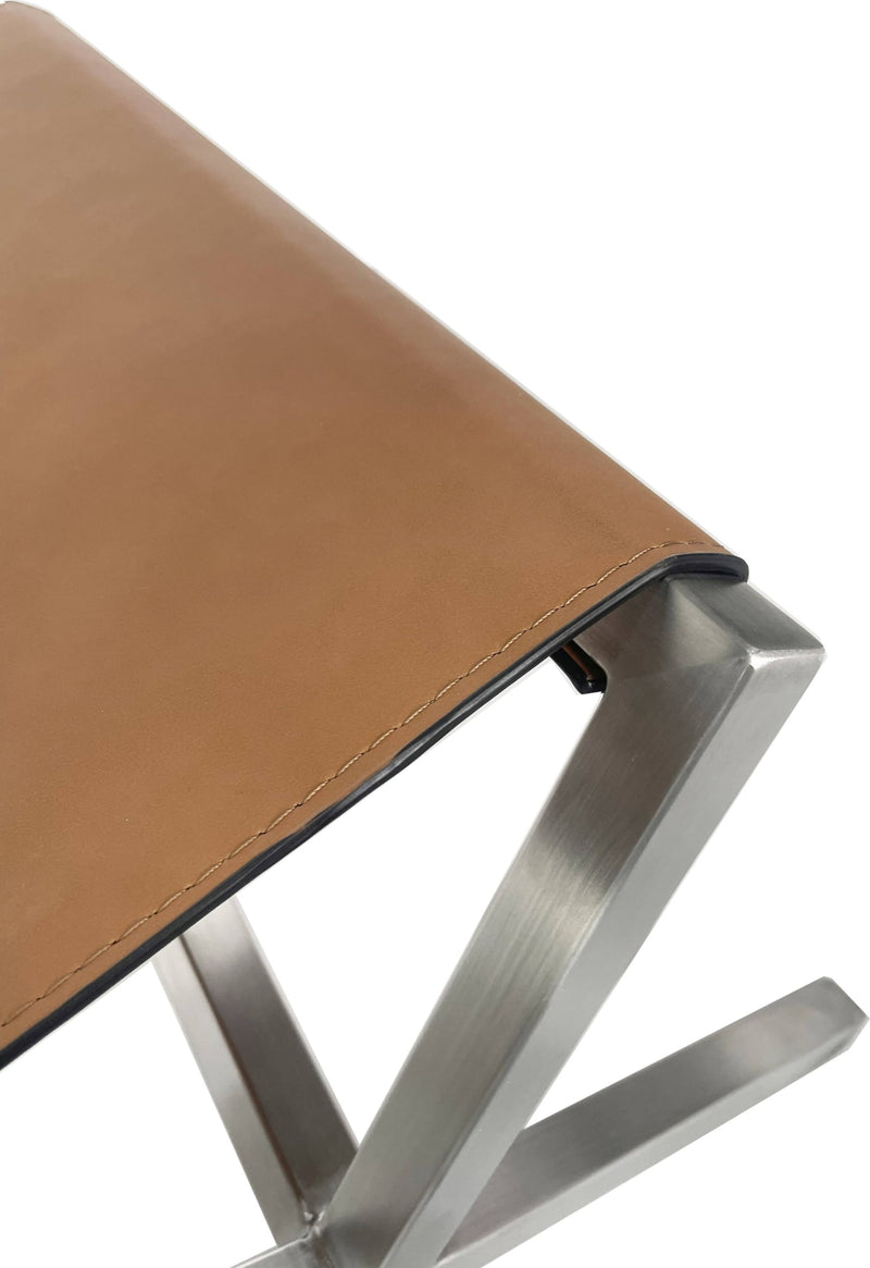 One Modern Coastal Director's Style Leather Dining Bench in Cognac and Brushed Stainless Steel