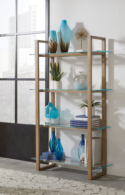One Modern Coastal Glass Shelf Bookcase in Solid Wood