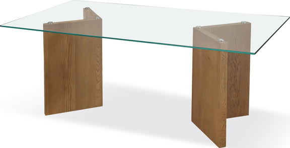 One Modern Coastal Glass Top Dining Table in White Oak