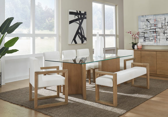 One Modern Coastal Glass Top Dining Table in White Oak