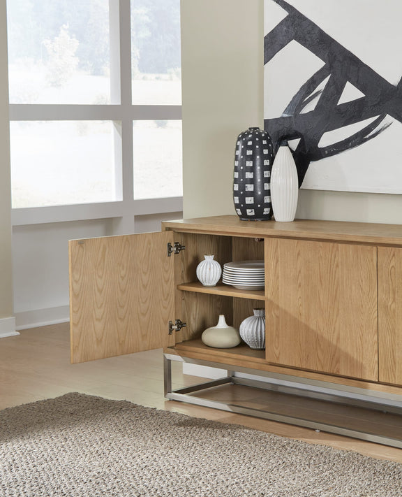One Modern Coastal Metal Base Sideboard in White Oak and Brushed Stainless Steel