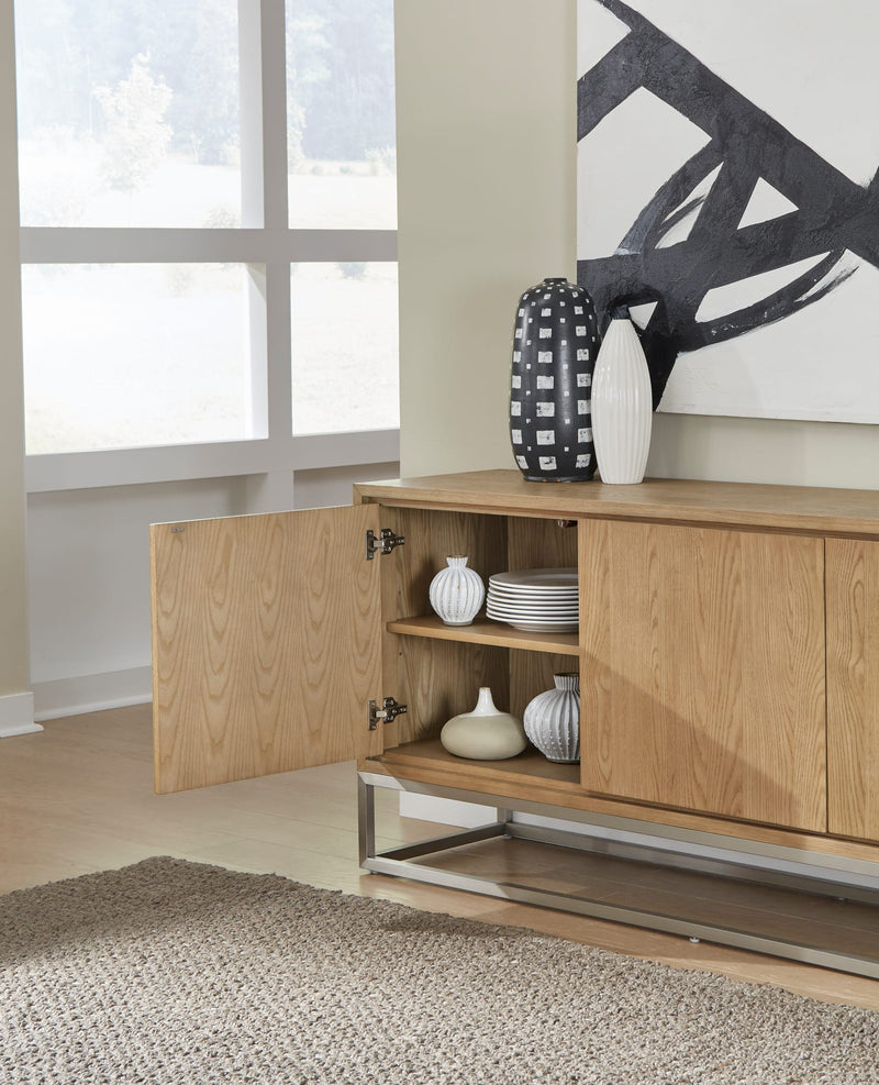 One Modern Coastal Metal Base Sideboard in White Oak and Brushed Stainless Steel