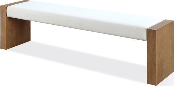 One Modern Coastal Slab Leg Upholstered Dining Bench in White Oak and White Pearl