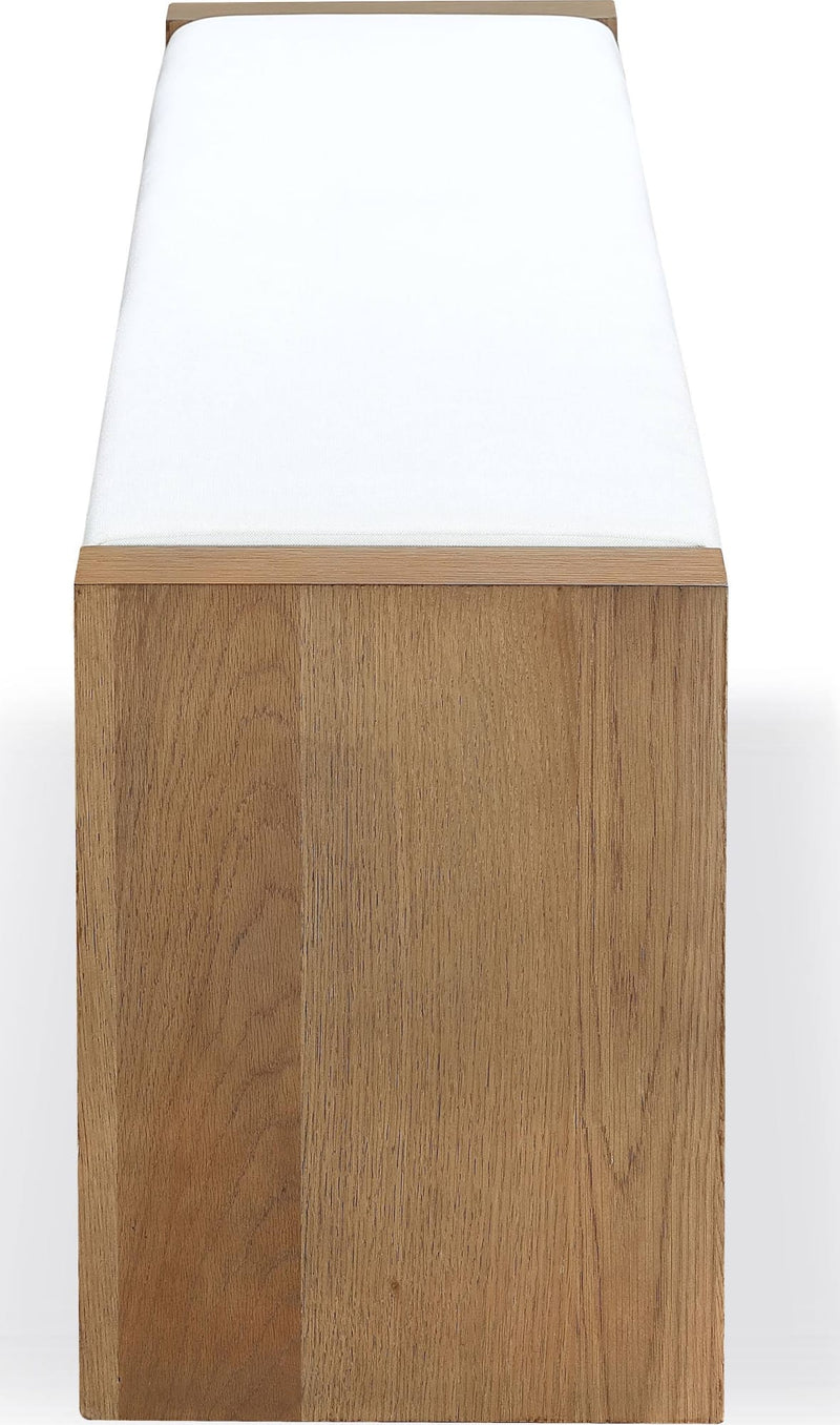 One Modern Coastal Slab Leg Upholstered Dining Bench in White Oak and White Pearl