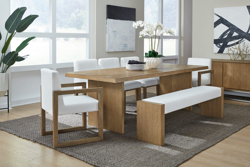 One Modern Coastal Slab Leg Upholstered Dining Bench in White Oak and White Pearl
