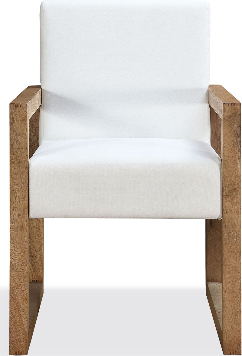One Modern Coastal Sled Leg Upholstered Dining Arm Chair in White Pearl and Bisque