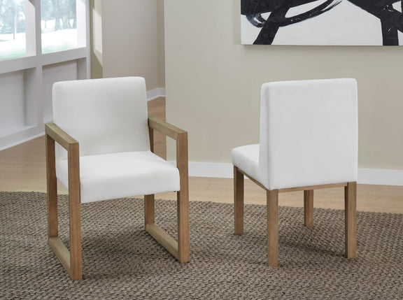 One Modern Coastal Sled Leg Upholstered Dining Arm Chair in White Pearl and Bisque