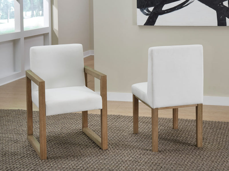 One Modern Coastal Sled Leg Upholstered Dining Arm Chair in White Pearl and Bisque