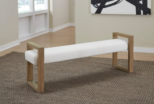 One Modern Coastal Sled Leg Upholstered Dining Bench in White Pearl and Bisque