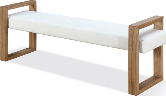 One Modern Coastal Sled Leg Upholstered Dining Bench in White Pearl and Bisque