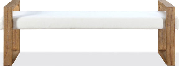 One Modern Coastal Sled Leg Upholstered Dining Bench in White Pearl and Bisque