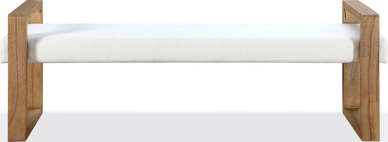One Modern Coastal Sled Leg Upholstered Dining Bench in White Pearl and Bisque