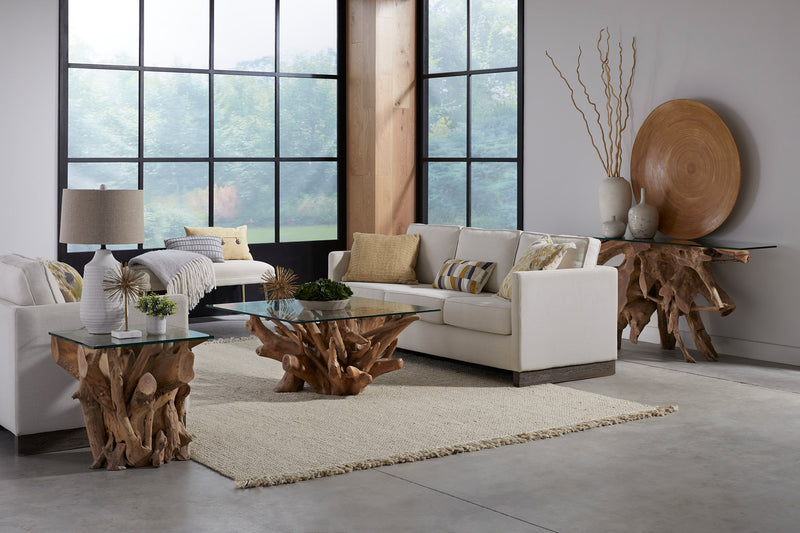 One Solid Teak Root Glass Top Console Table