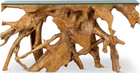 One Solid Teak Root Glass Top Console Table