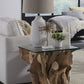 One Solid Teak Root Glass Top End Table