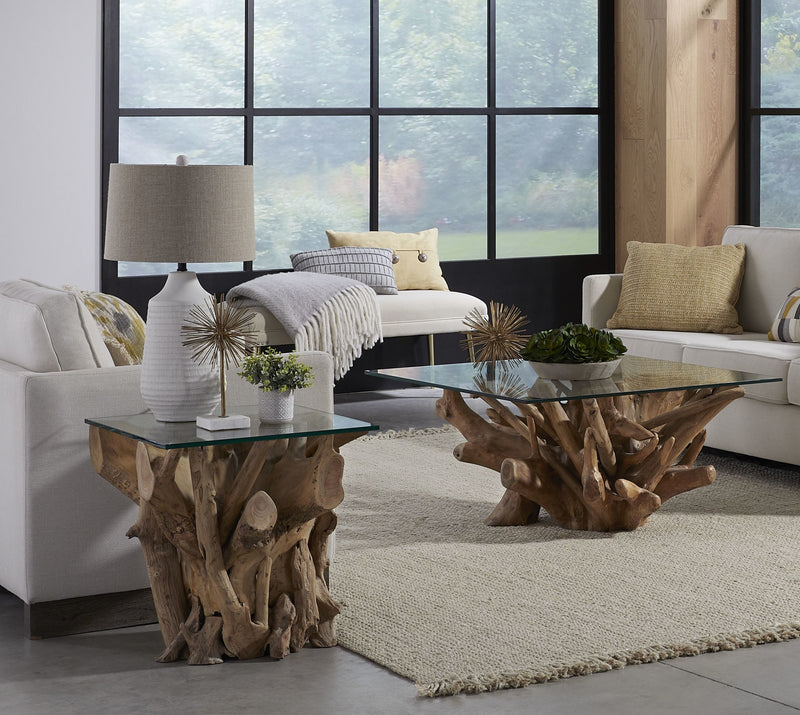 One Solid Teak Root Glass Top End Table