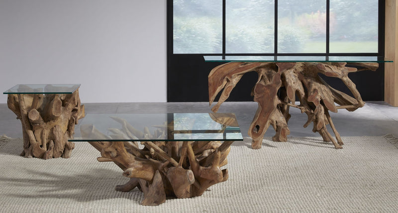 One Solid Teak Root Glass Top End Table
