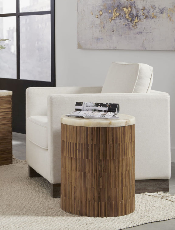 One Stone Wood Tile Round End Table in Onyx and Solid Teak