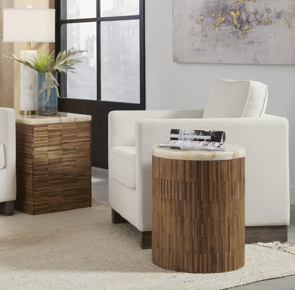 One Stone Wood Tile Round End Table in Onyx and Solid Teak