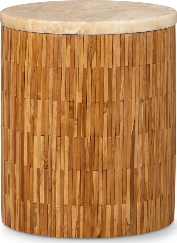 One Stone Wood Tile Round End Table in Onyx and Solid Teak
