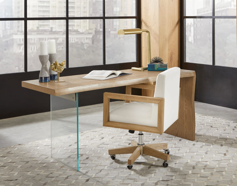 One Wood Frame Home Office Chair in Solid Wood and White Canvas