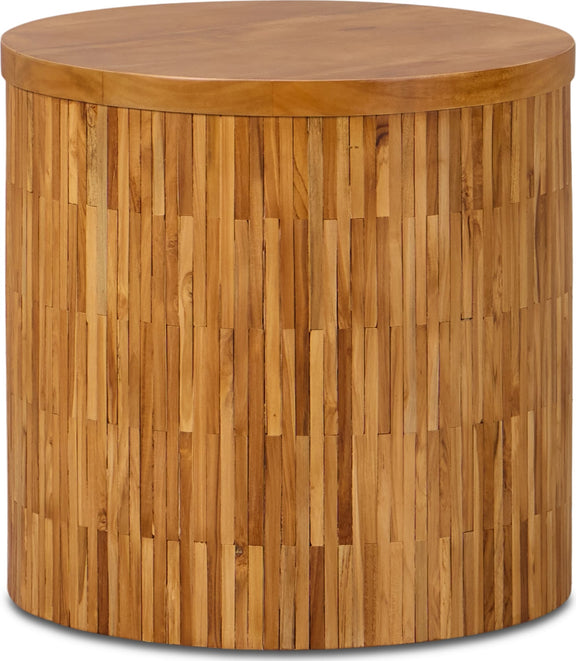 One Wood Tile Round End Table in Solid Teak