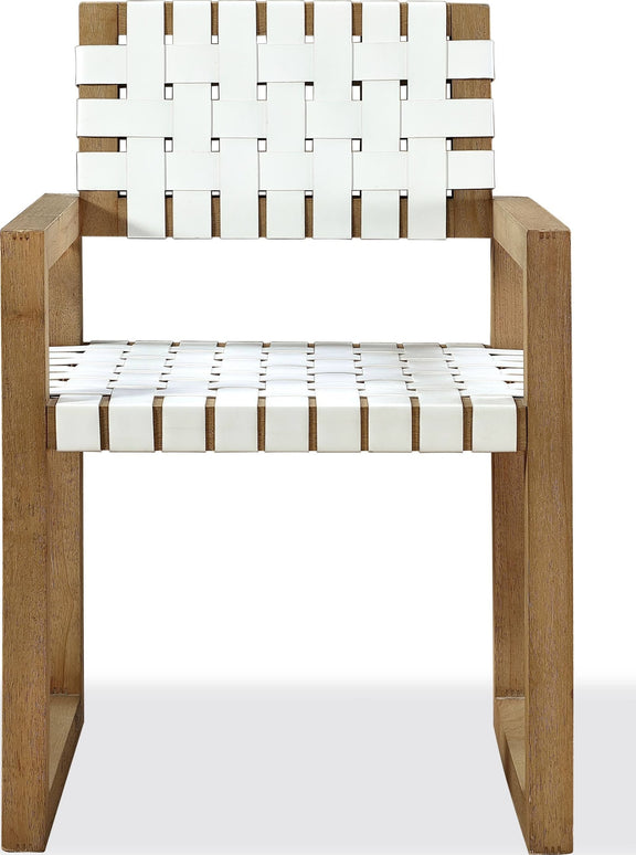 One Woven Leather and Solid Wood Dining Arm Chair in White and Bisque