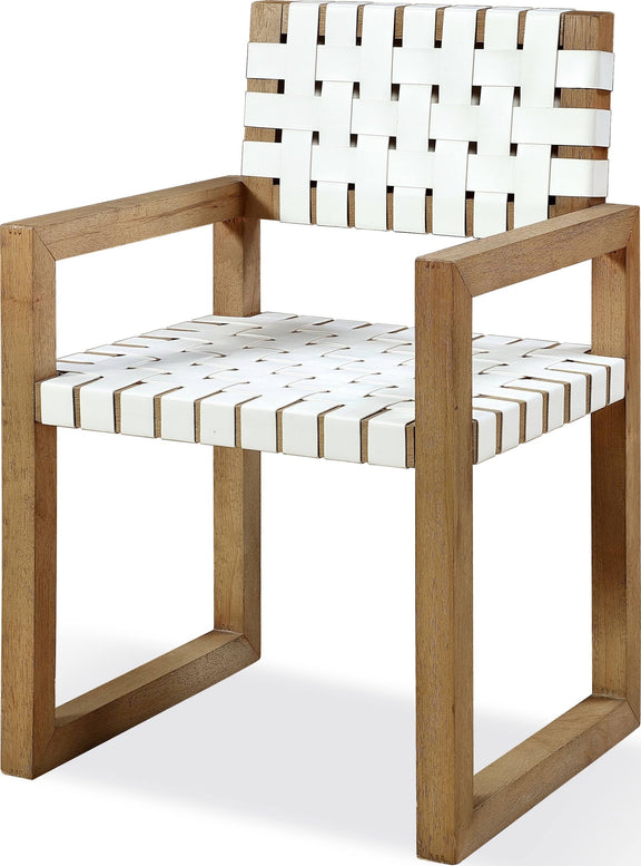 One Woven Leather and Solid Wood Dining Arm Chair in White and Bisque