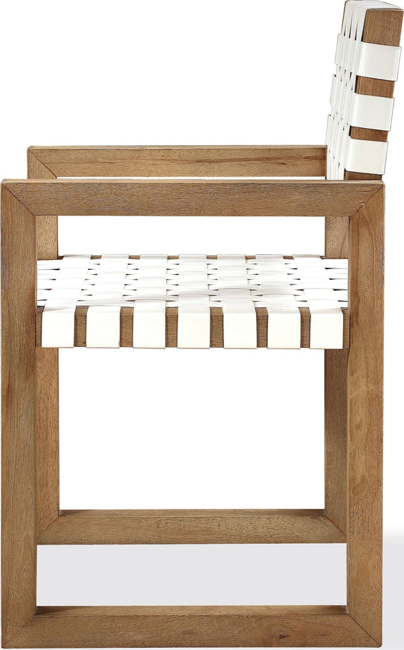 One Woven Leather and Solid Wood Dining Arm Chair in White and Bisque