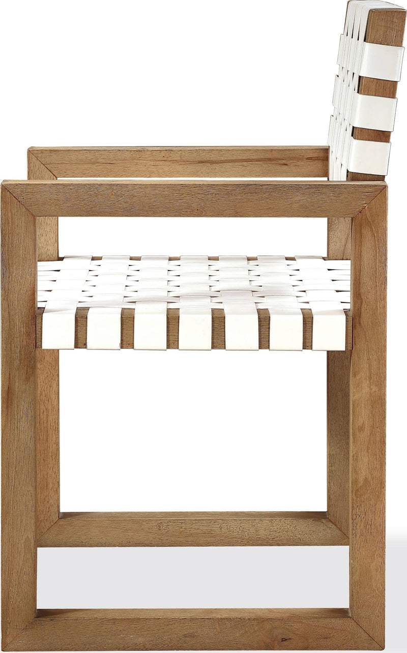 One Woven Leather and Solid Wood Dining Arm Chair in White and Bisque