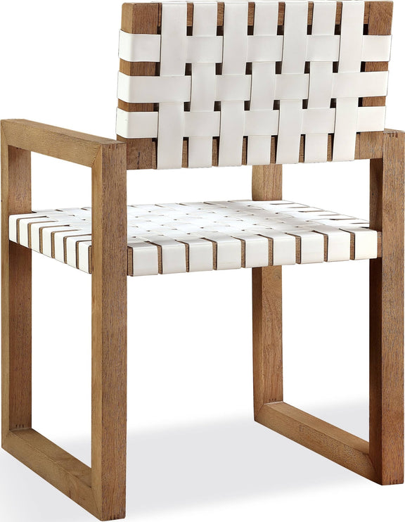 One Woven Leather and Solid Wood Dining Arm Chair in White and Bisque